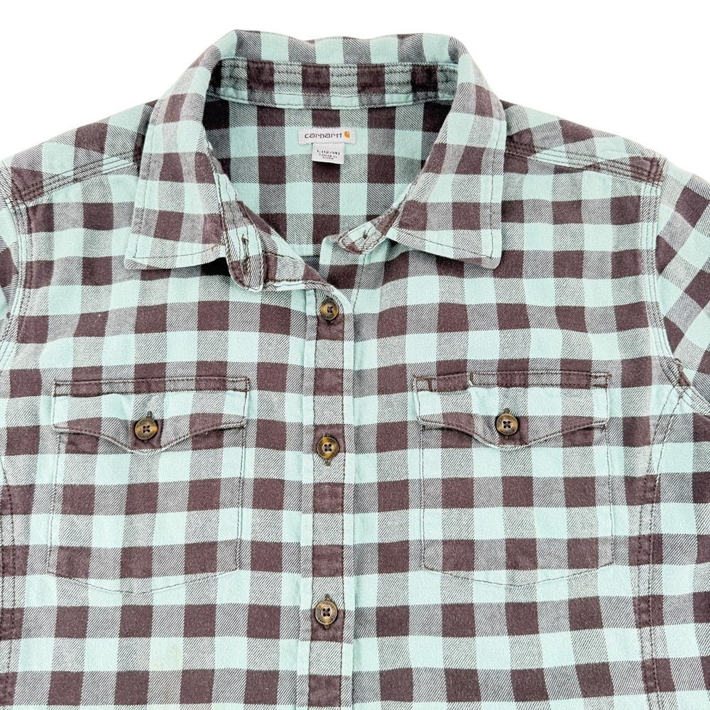 Carhartt Plaid Button Down Women L 12/14 Mint Brown Cotton Stretch Long Sleeve - Picture 3 of 10